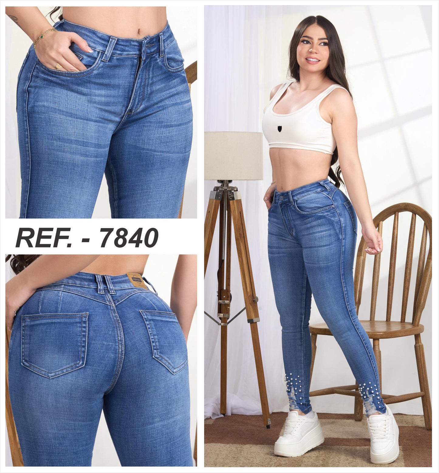 JEANS SKINNY CON PERLAS EN BOTA 7840